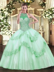 Apple Green Lace Up Sweet 16 Dresses Beading and Appliques Sleeveless Floor Length