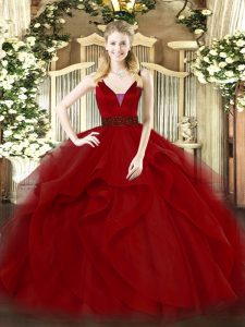 Amazing Ball Gowns Vestidos de Quinceanera Wine Red Straps Tulle Sleeveless Floor Length Zipper