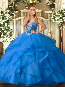 Customized Tulle Straps Sleeveless Lace Up Beading and Ruffles Ball Gown Prom Dress in Baby Blue