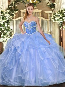 Nice Floor Length Blue Ball Gown Prom Dress Organza Sleeveless Beading and Ruffles