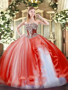 Strapless Sleeveless Tulle 15 Quinceanera Dress Beading and Ruffles Lace Up