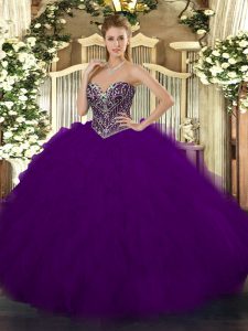Dark Purple Tulle Lace Up Sweetheart Sleeveless Floor Length Quince Ball Gowns Beading and Ruffles