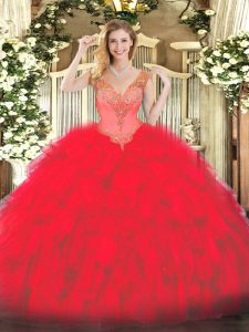Sleeveless Floor Length Beading and Ruffles Lace Up Sweet 16 Dresses with Red