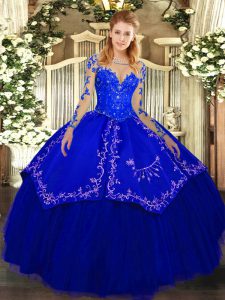 Royal Blue Scoop Lace Up Lace and Embroidery Vestidos de Quinceanera Long Sleeves