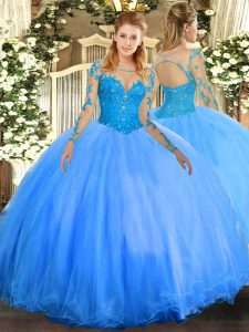 Enchanting Scoop Long Sleeves Quince Ball Gowns Floor Length Lace Baby Blue Tulle
