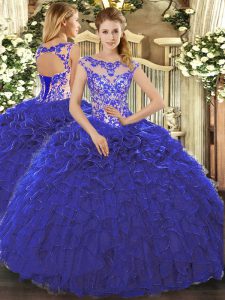 Decent Royal Blue Scoop Neckline Beading and Ruffles 15 Quinceanera Dress Cap Sleeves Lace Up