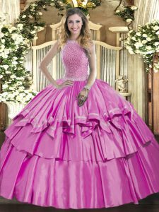 High-neck Sleeveless Organza and Taffeta Quinceanera Dresses Beading and Ruffled Layers Lace Up