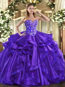 Graceful Sweetheart Sleeveless Organza Quinceanera Dress Embroidery and Ruffles Lace Up