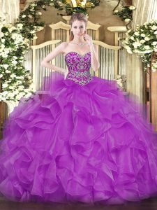 Glamorous Fuchsia Ball Gowns Organza Sweetheart Sleeveless Beading and Ruffles Floor Length Lace Up Quince Ball Gowns