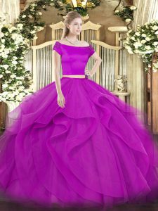 Off The Shoulder Short Sleeves Zipper Quinceanera Dresses Fuchsia Tulle