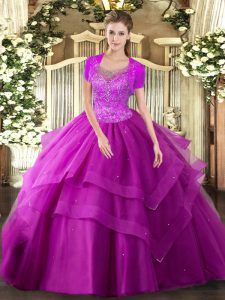 Custom Fit Sleeveless Tulle Floor Length Clasp Handle Sweet 16 Quinceanera Dress in Fuchsia with Beading and Ruffles