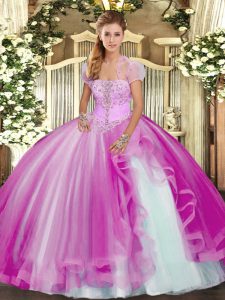 Fuchsia Ball Gowns Appliques and Ruffles Quince Ball Gowns Lace Up Tulle Sleeveless Floor Length