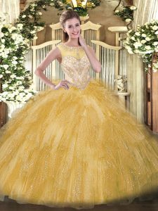 Beautiful Beading and Ruffles 15th Birthday Dress Gold Zipper Sleeveless Floor Length