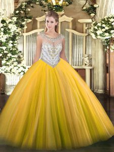 Elegant Gold Ball Gowns Tulle Scoop Sleeveless Beading Floor Length Zipper Sweet 16 Dress