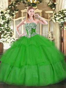 Custom Made Floor Length Lace Up 15th Birthday Dress Green for Military Ball and Sweet 16 and Quinceanera with Beading and Ruffled Layers