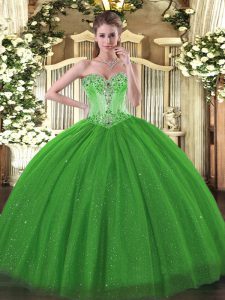 Stylish Green Tulle and Sequined Lace Up Quince Ball Gowns Sleeveless Floor Length Beading