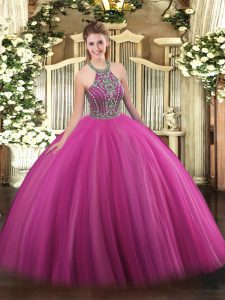 Hot Pink Halter Top Lace Up Beading Quinceanera Dress Sleeveless