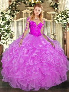 Modern Floor Length Lilac Sweet 16 Quinceanera Dress Scoop Long Sleeves Lace Up