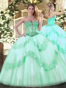 Free and Easy Apple Green Tulle Lace Up 15 Quinceanera Dress Sleeveless Floor Length Beading and Appliques