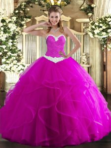 Fuchsia Tulle Lace Up 15 Quinceanera Dress Sleeveless Floor Length Appliques and Ruffles