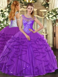 Elegant Purple Sleeveless Beading and Ruffles Floor Length 15 Quinceanera Dress