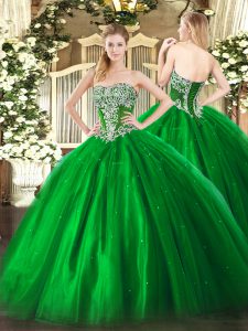 Smart Green Tulle Lace Up 15th Birthday Dress Sleeveless Floor Length Beading