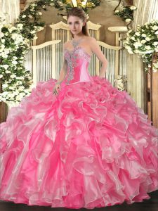Delicate Rose Pink Sleeveless Organza Lace Up Sweet 16 Dresses for Military Ball and Sweet 16 and Quinceanera