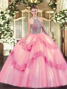 Amazing Ball Gowns Quince Ball Gowns Baby Pink Halter Top Tulle Sleeveless Floor Length Lace Up