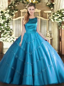 Aqua Blue Sleeveless Tulle Lace Up Quinceanera Dress for Military Ball and Sweet 16 and Quinceanera
