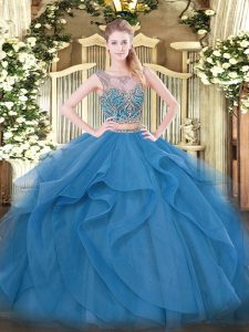 Blue Tulle Lace Up Quinceanera Dresses Sleeveless Floor Length Beading and Ruffles