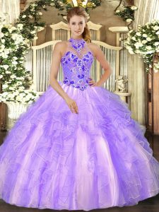 Beautiful Lavender Quinceanera Gown Military Ball and Sweet 16 and Quinceanera with Beading and Ruffles Halter Top Sleeveless Lace Up