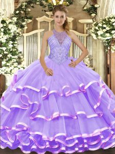 Smart Lavender Ball Gowns Halter Top Sleeveless Organza Floor Length Lace Up Beading and Ruffled Layers Quinceanera Dresses