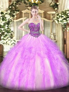 Suitable Lilac Tulle Lace Up 15 Quinceanera Dress Sleeveless Floor Length Beading and Ruffles