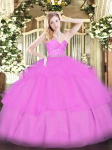 Smart Lilac Zipper Sweetheart Beading and Lace and Ruffled Layers Quince Ball Gowns Tulle Sleeveless