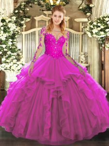 Tulle Scoop Long Sleeves Lace Up Lace and Ruffles Quince Ball Gowns in Fuchsia
