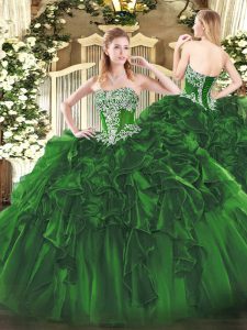 Hot Sale Dark Green Strapless Lace Up Beading and Ruffles Vestidos de Quinceanera Sleeveless