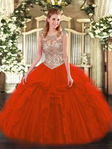 Adorable Red Scoop Lace Up Beading and Ruffles Quinceanera Dress Sleeveless