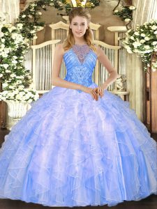 Luxury Blue Ball Gowns Organza High-neck Sleeveless Beading and Ruffles Floor Length Lace Up Sweet 16 Dresses