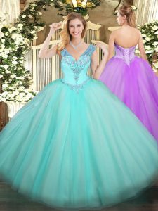 High Class V-neck Sleeveless Lace Up Quince Ball Gowns Aqua Blue Tulle