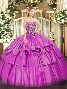 Most Popular Sleeveless Organza and Taffeta Floor Length Lace Up Quince Ball Gowns in Lilac with Beading and Ruffled Layers
