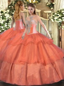 Floor Length Ball Gowns Sleeveless Coral Red Quinceanera Gown Lace Up