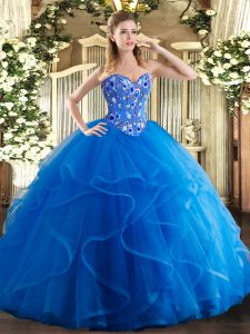 Modern Floor Length Lace Up Quinceanera Gowns Royal Blue for Military Ball and Sweet 16 and Quinceanera with Embroidery and Ruffles