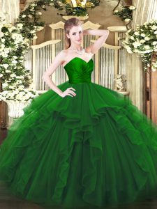 Floor Length Zipper Quince Ball Gowns Green for Military Ball and Sweet 16 and Quinceanera with Ruffles