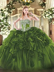 High End Olive Green Sleeveless Floor Length Beading and Ruffles Lace Up Quinceanera Dresses