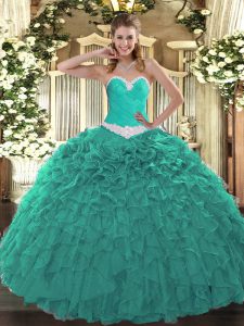 Floor Length Turquoise Ball Gown Prom Dress Organza Sleeveless Appliques and Ruffles