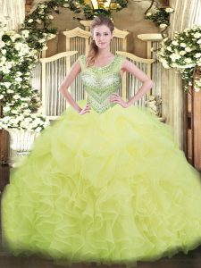 Sweet Beading and Ruffles and Pick Ups 15th Birthday Dress Yellow Green Lace Up Sleeveless Floor Length