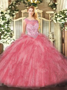 Rose Pink Sleeveless Organza Zipper Quinceanera Dress for Sweet 16 and Quinceanera