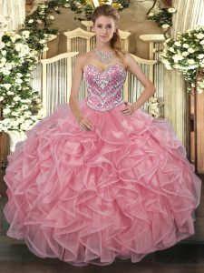 Floor Length Lace Up Quinceanera Dresses Pink for Military Ball and Sweet 16 and Quinceanera with Beading