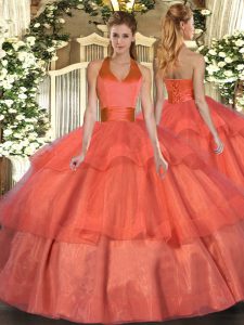 Stunning Orange Red Quince Ball Gowns Military Ball and Sweet 16 and Quinceanera with Ruffled Layers Halter Top Sleeveless Lace Up