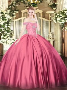 Most Popular Floor Length Hot Pink Ball Gown Prom Dress Off The Shoulder Sleeveless Lace Up